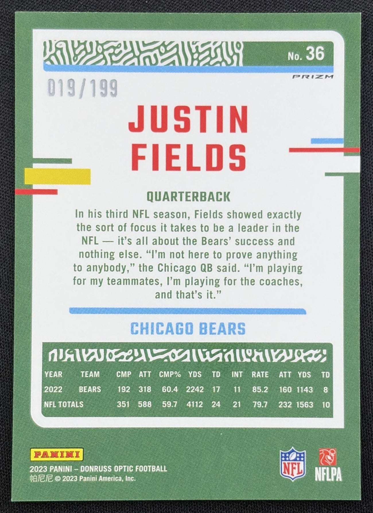 Justin Fields 2023 Panini Donruss Optic Blue Prizm /199 Bears back