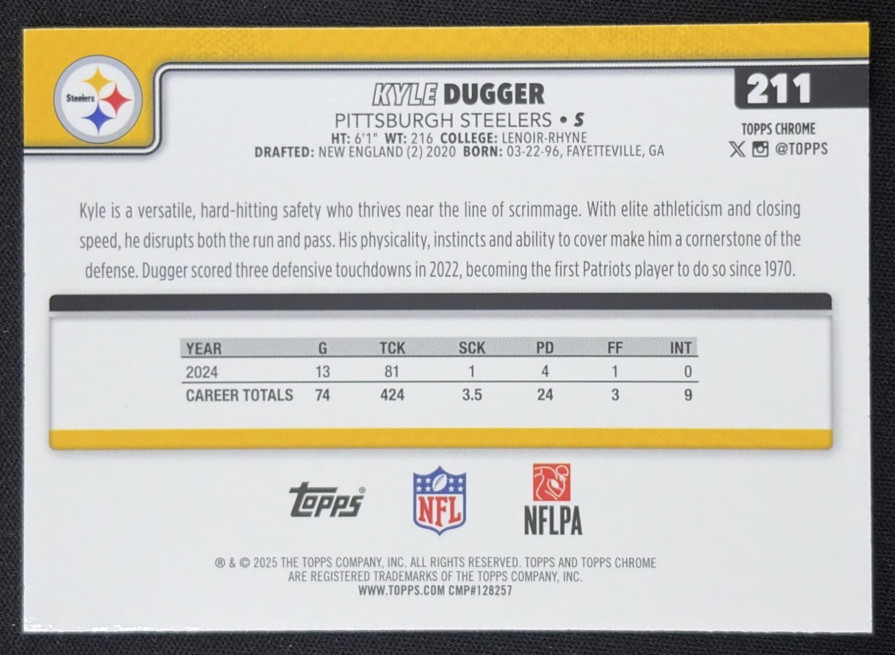 Kyle Dugger 2025 Topps Chrome Purple Refractor /75 Steelers Pittsburgh Steelers