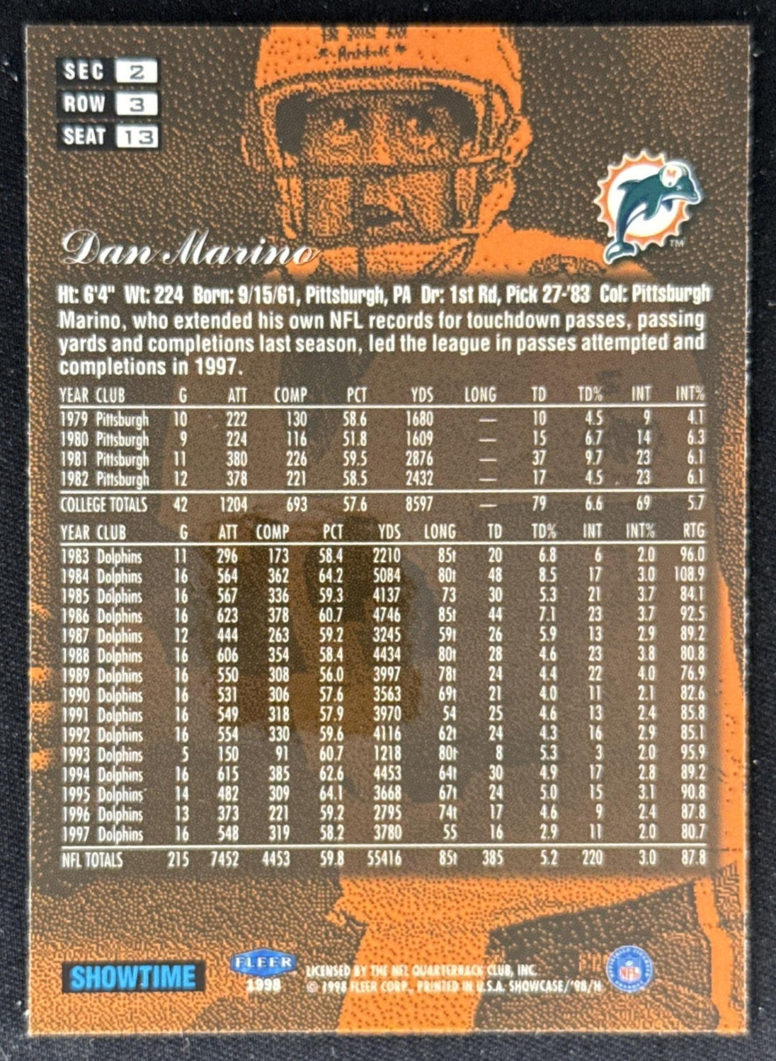Dan Marino 1998 Fleer Flair Showcase Row 3 Dolphins Sports Trading Card