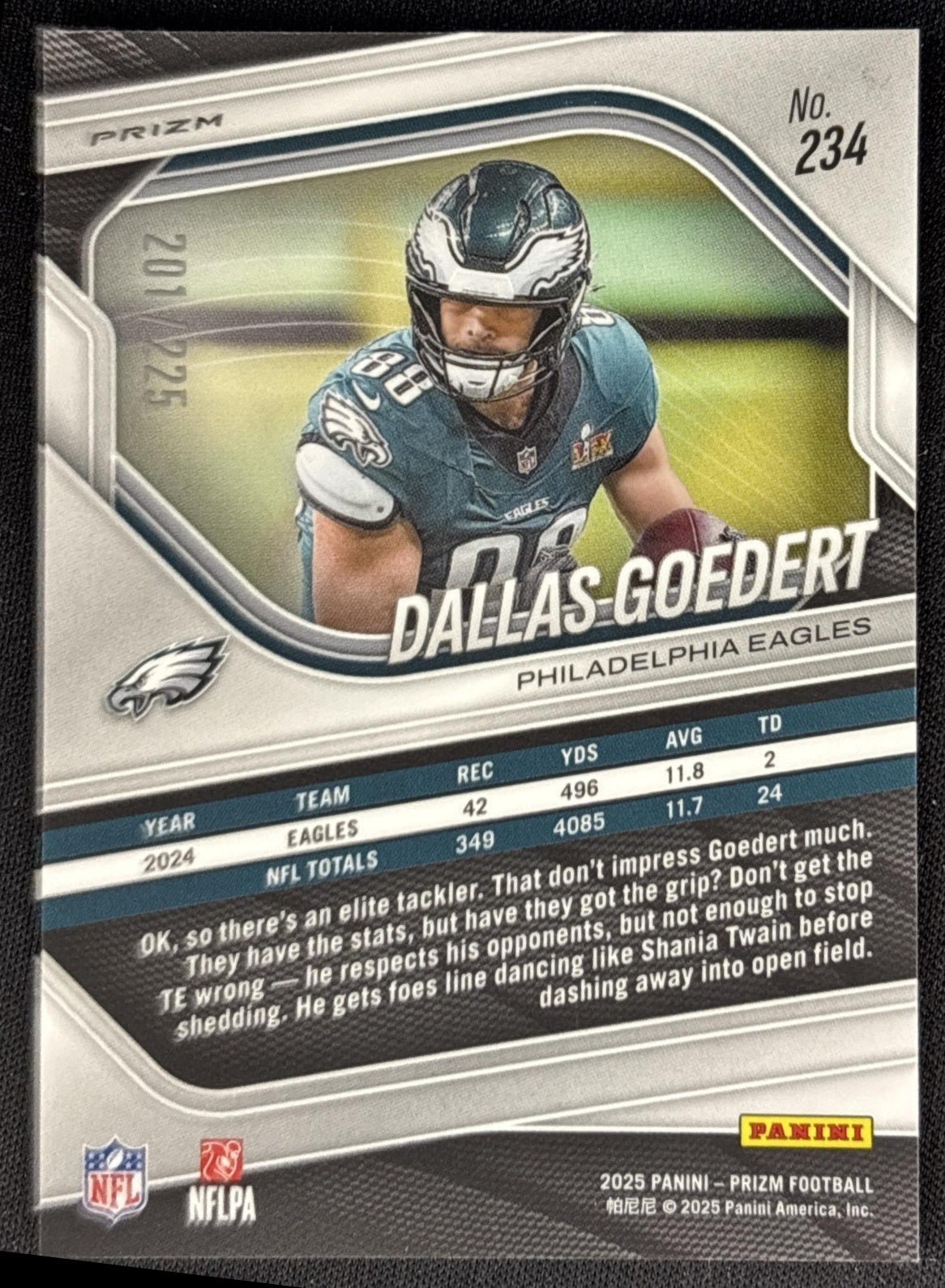 Dallas Goedert 2025 Panini Prizm Purple Ice /225 Eagles Sports Trading Card