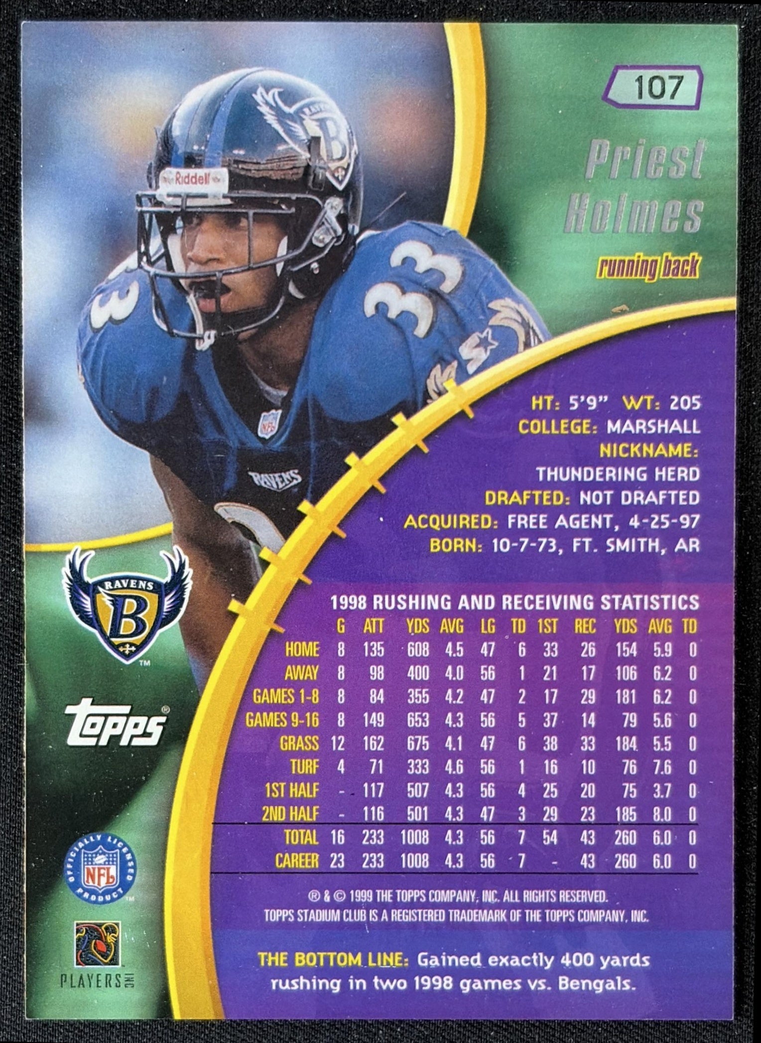 Priest Holmes 1999 Topps Stadium Club Ravens back