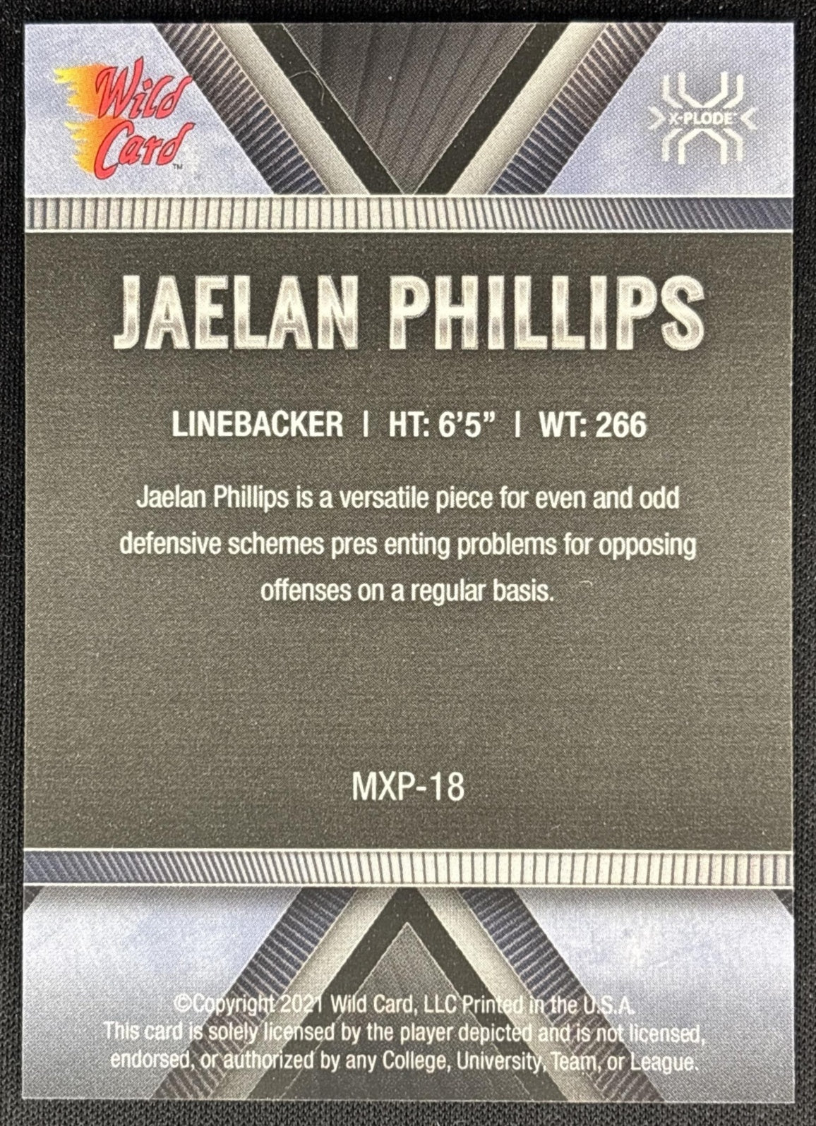 Jaelan Phillips 2021 Wild Card Matte X Plode Blue/Silver White in Silver /75 back