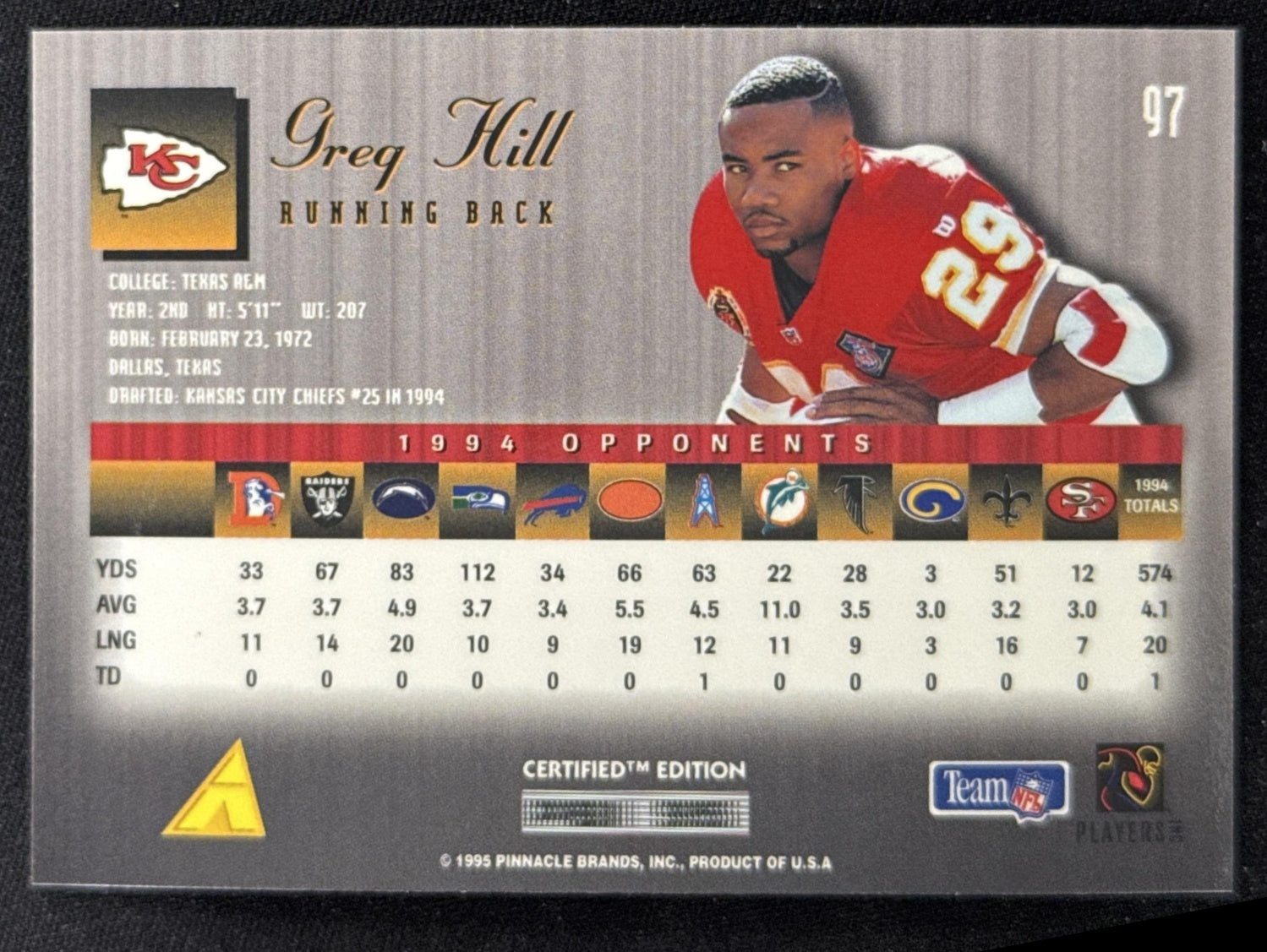 Greg Hill 1995 Pinnacle Select Certified Chiefs