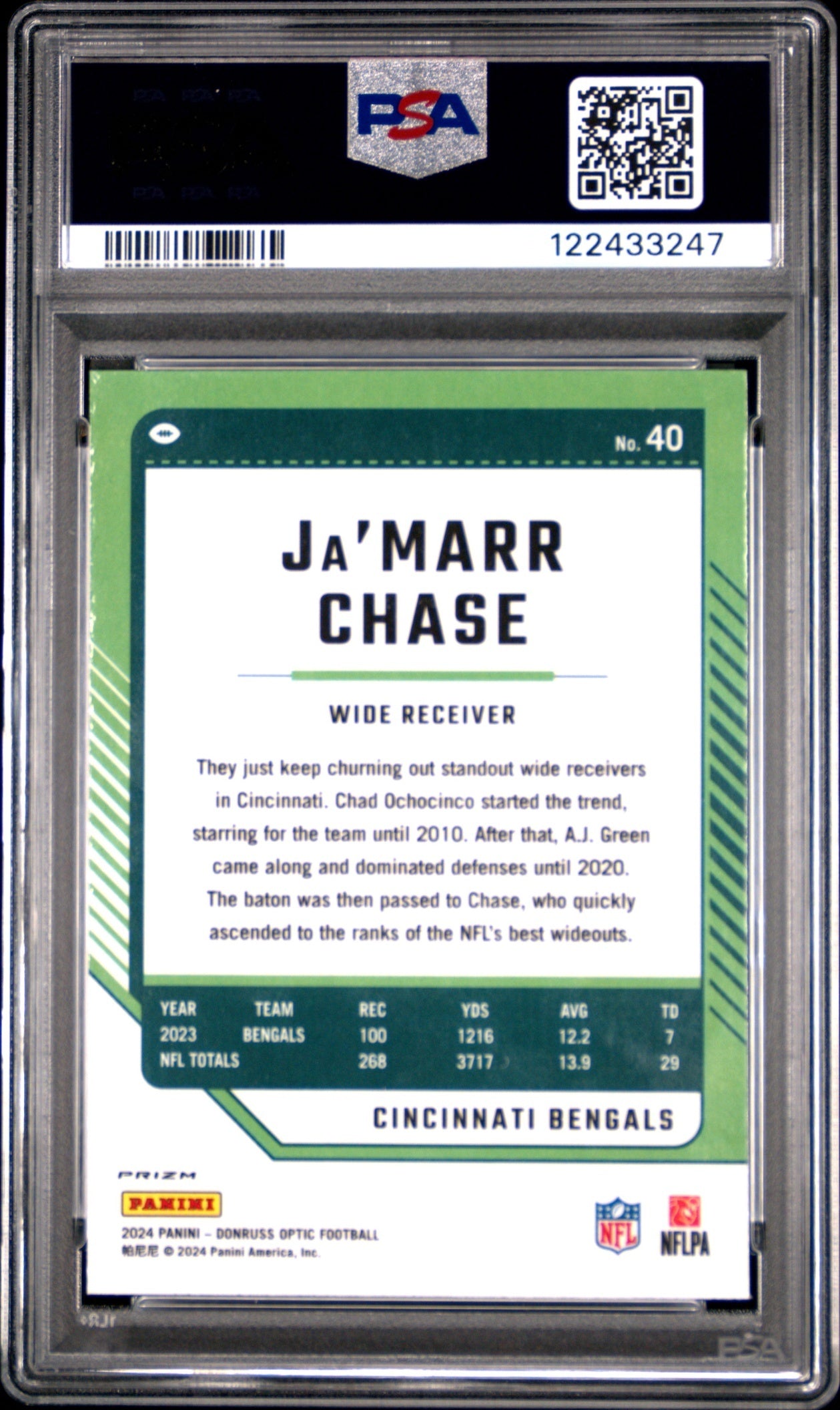 Ja'Marr Chase 2024 Panini Donruss Optic Stars PSA 9 Bengals back