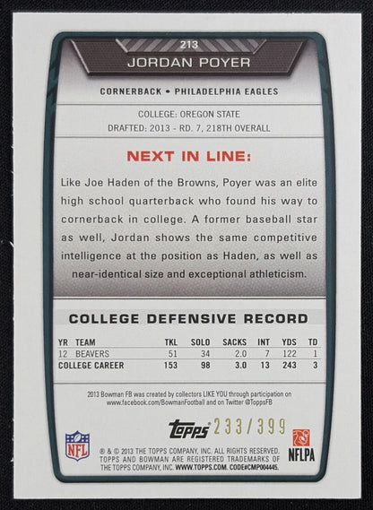 Jordan Poyer 2013 Bowman Rainbow Gold /399 Eagles