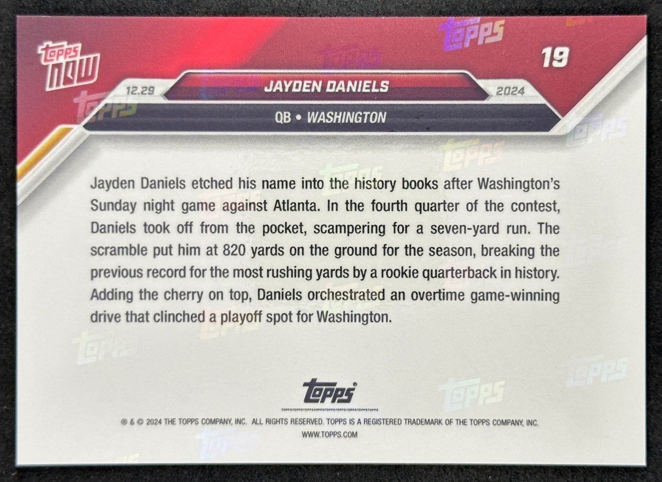 Jayden Daniels 2024 Topps NOW Card #19 Sets Rushing Yards Commanders