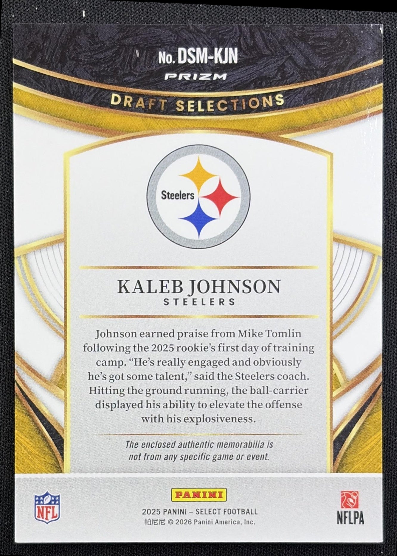 Kaleb Johnson 2025 Panini Select Draft Selections Memorabilia Blue Prizm Steelers back