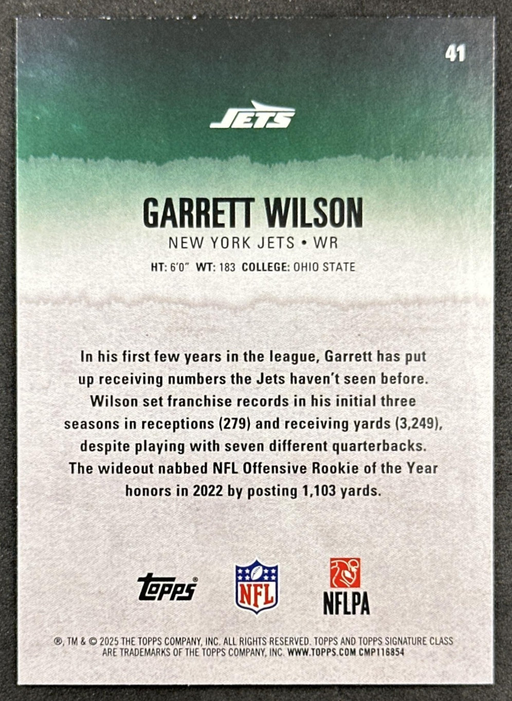 Garrett Wilson 2025 Topps Signature Class Veteran Green & Purple Foil Jets