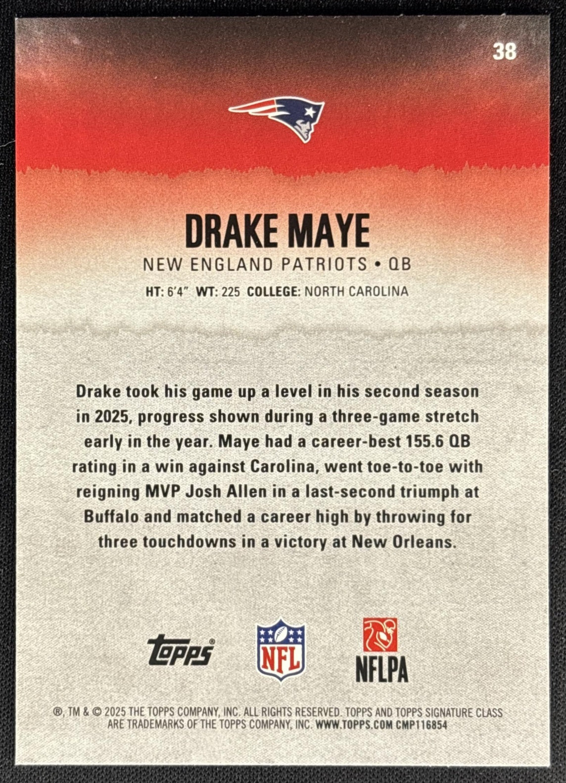Drake Maye 2025 Topps Signature Class Veteran Red & Black Foil Patriots back