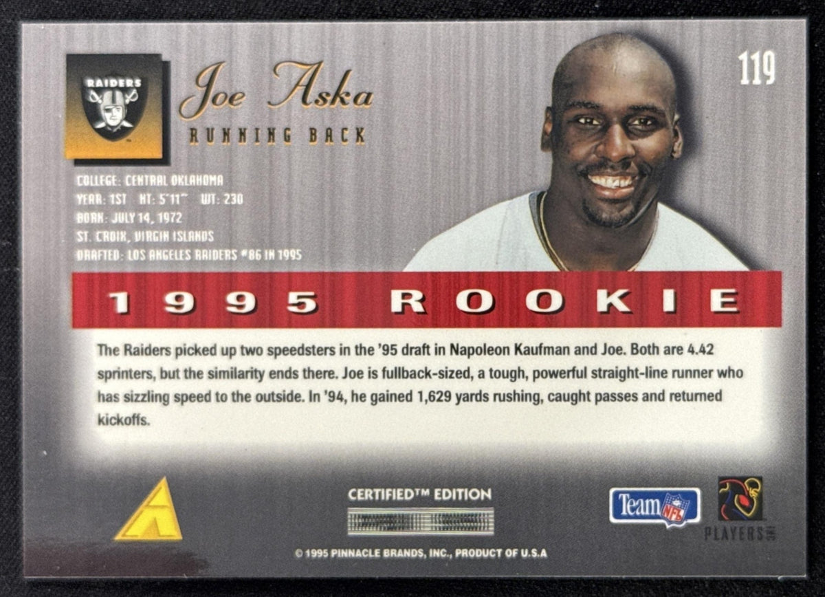Joe Aska 1995 Pinnacle Select Certified Raiders Sports Trading Card