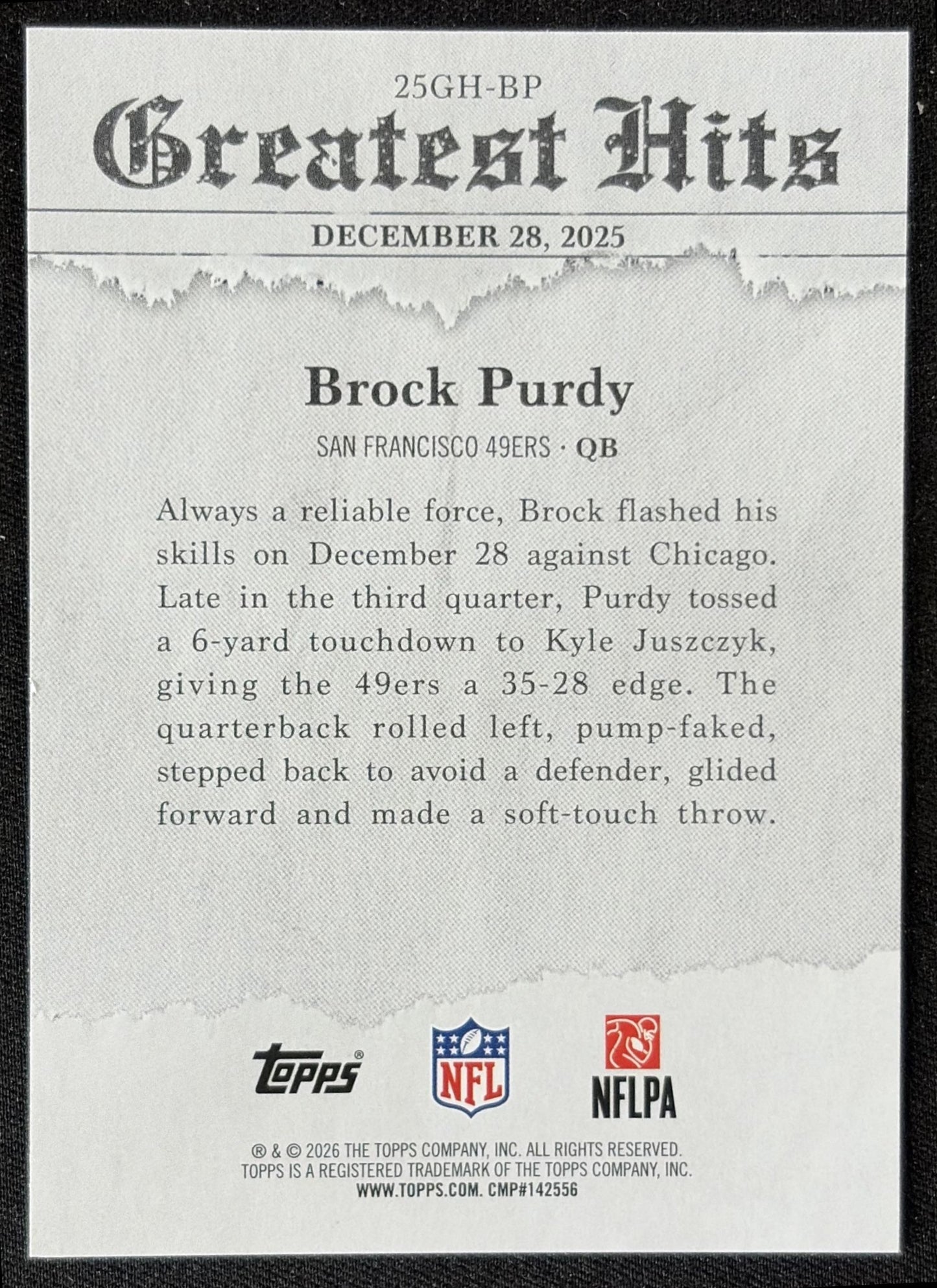 Brock Purdy 2026 Topps 2025 Greatest Hits 49ers back