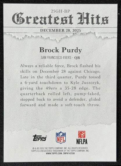 Brock Purdy 2026 Topps 2025 Greatest Hits 49ers back