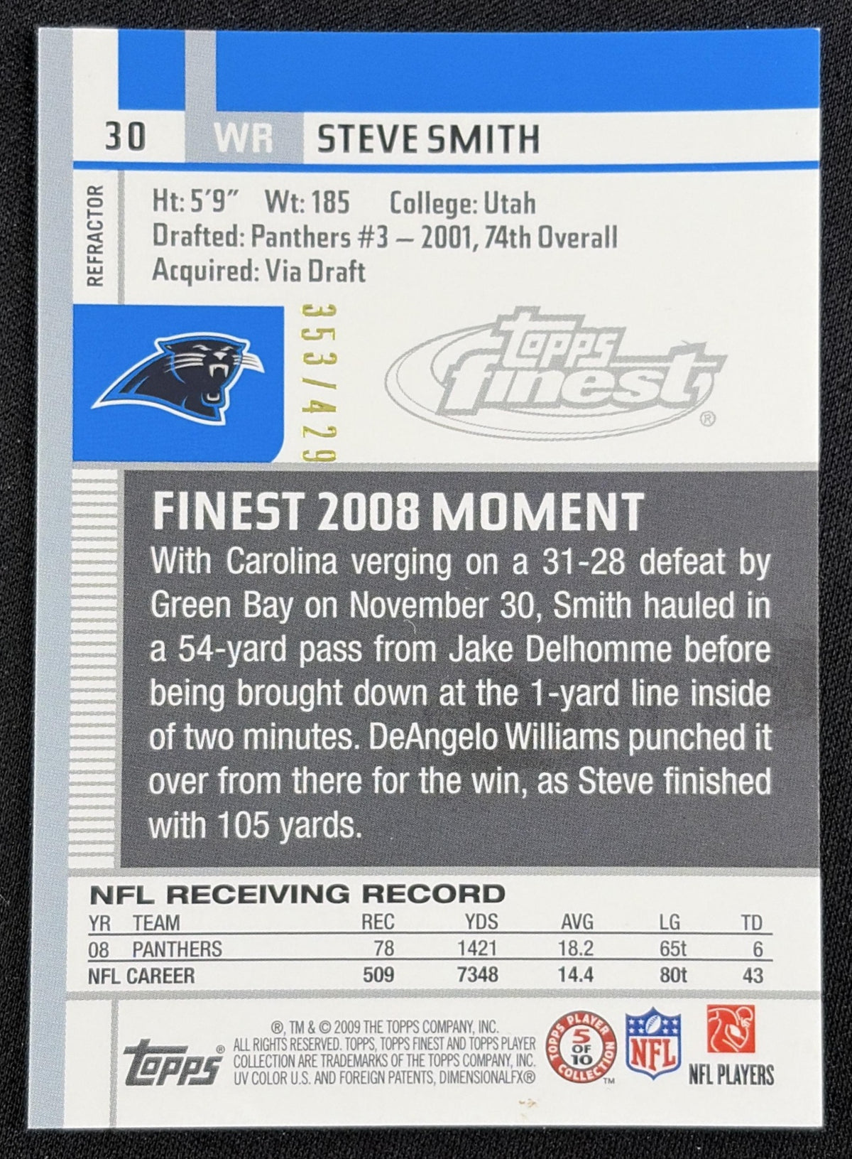 Steve Smith 2009 Topps Finest Blue Refractor /429 Panthers back