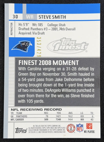 Steve Smith 2009 Topps Finest Blue Refractor /429 Panthers back