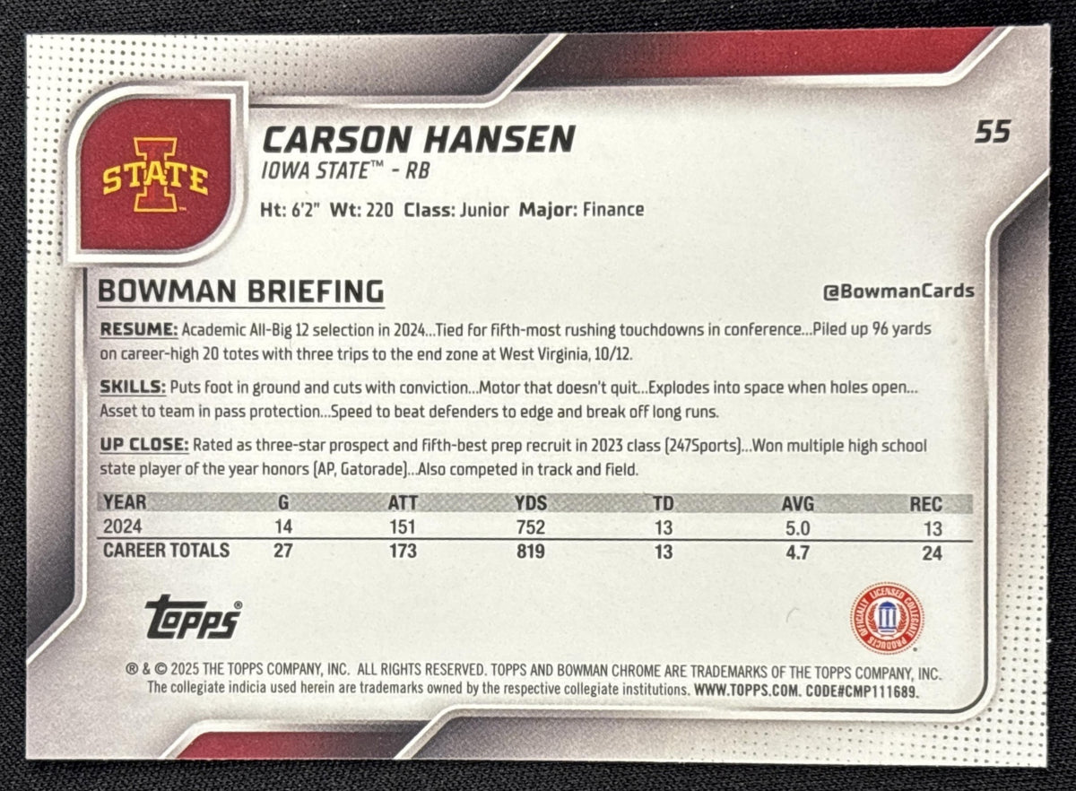 Carson Hansen 2025 Bowman Chrome University Prospects Yellow Mini-Diamond Refractor /350 Cyclones