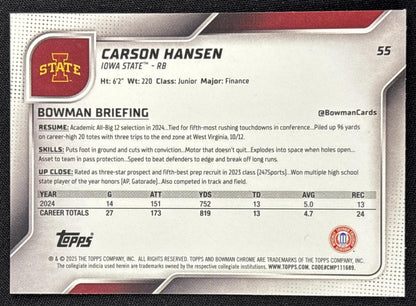 Carson Hansen 2025 Bowman Chrome University Prospects Yellow Mini-Diamond Refractor /350 Cyclones