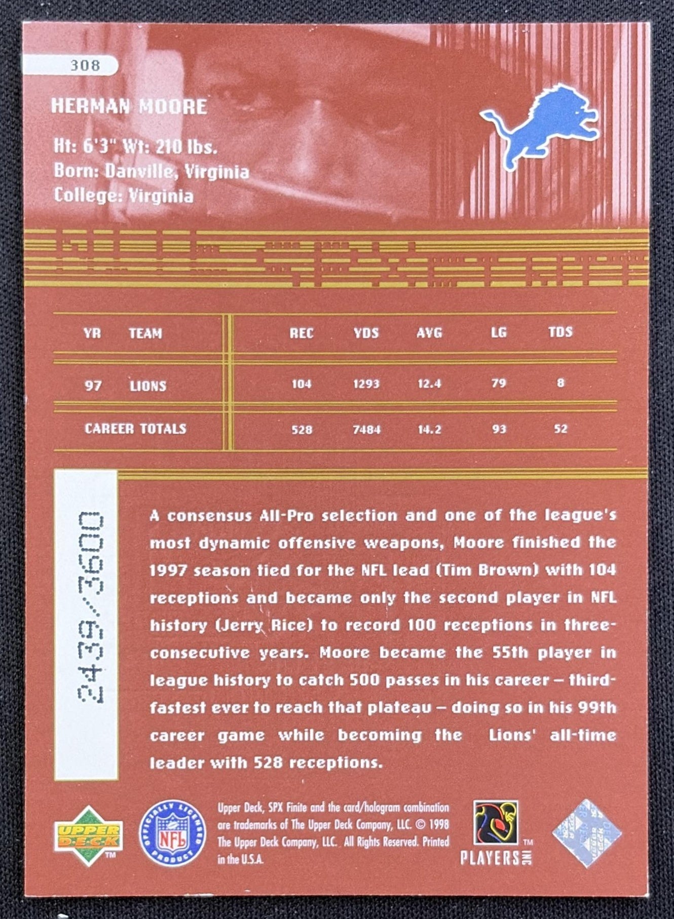 Herman Moore 1998 SPx Finite Radiance /3600 Lions
