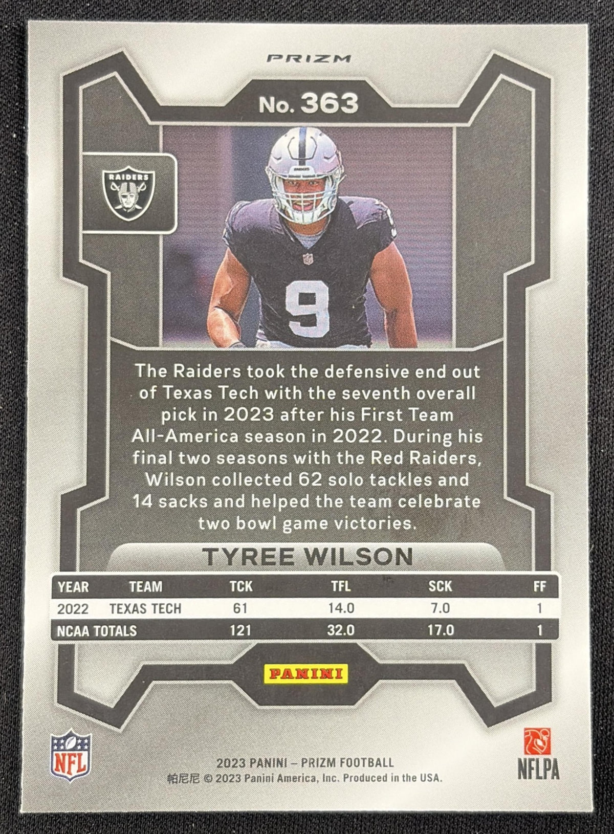 Tyree Wilson 2023 Panini Prizm Purple Pulsar Raiders Sports Trading Card