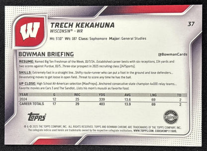 Trech Kekahuna 2025 Bowman Chrome University Prospects Fuchsia Refractor /225 Badgers