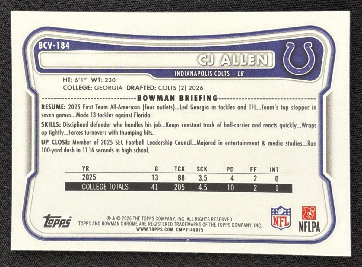 CJ Allen 2026 Bowman Chrome NFL Speckle Refractor Colts