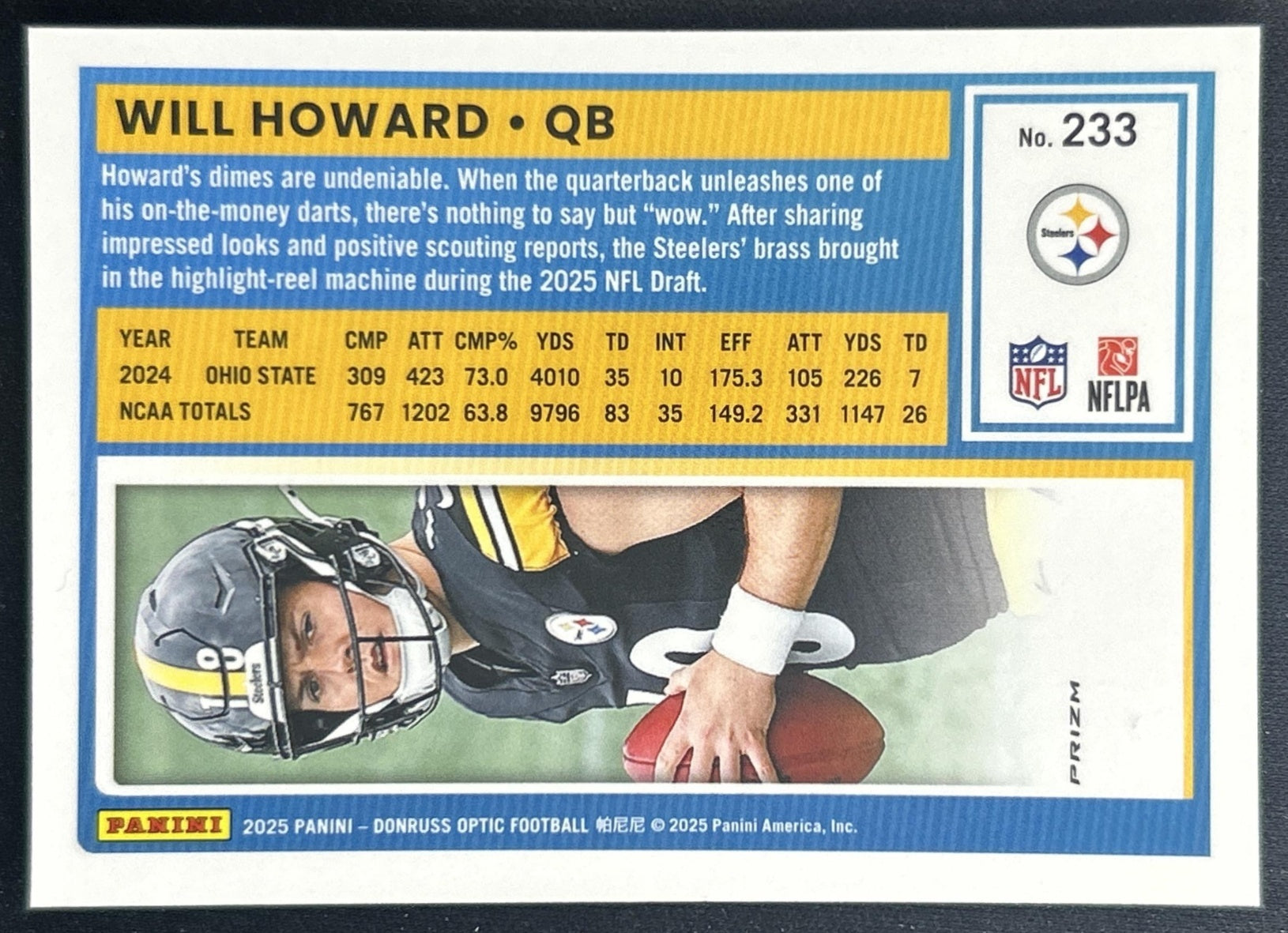 Will Howard 2025 Panini Donruss Optic Rated Rookie Pink Prizm Steelers back