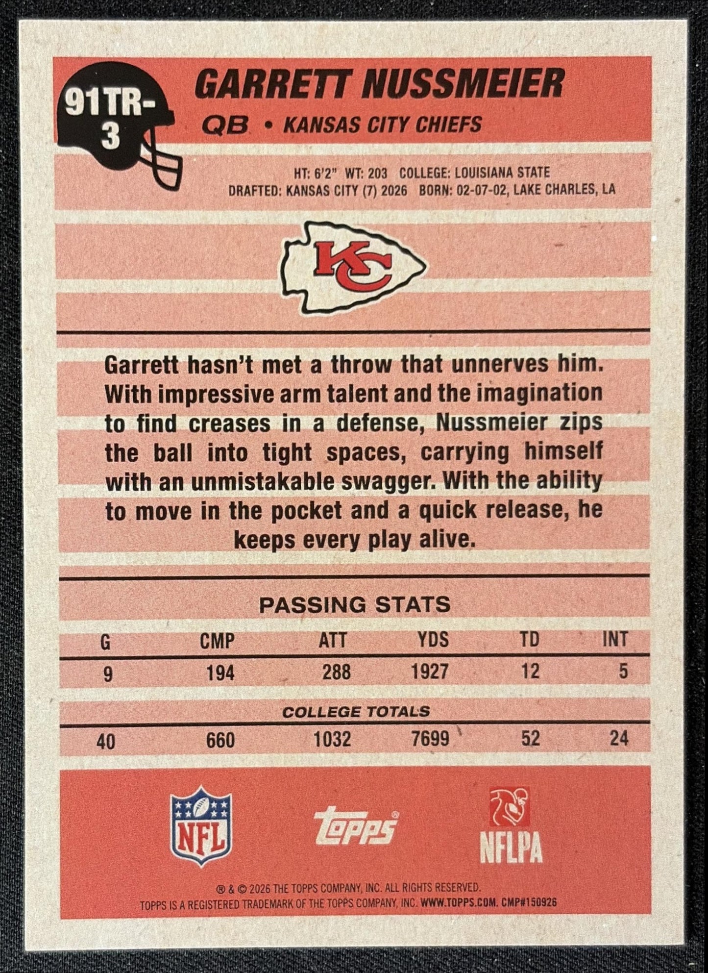 Garrett Nussmeier 2026 Topps 1991 Rookie Chiefs back