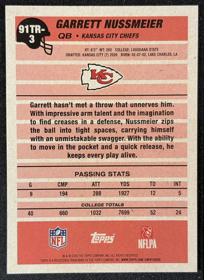 Garrett Nussmeier 2026 Topps 1991 Rookie Chiefs back
