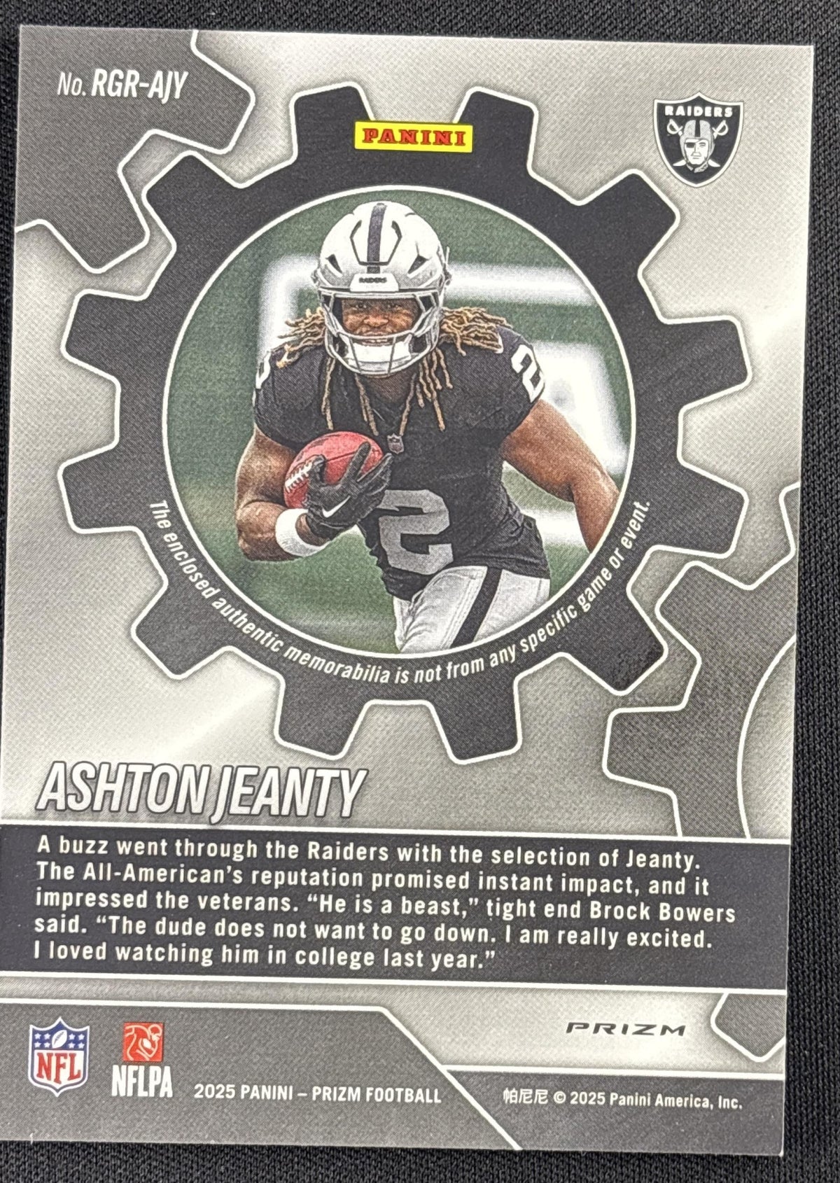 Ashton Jeanty 2025 Panini Prizm Rookie Gear Neon Green Pulsar Raiders
