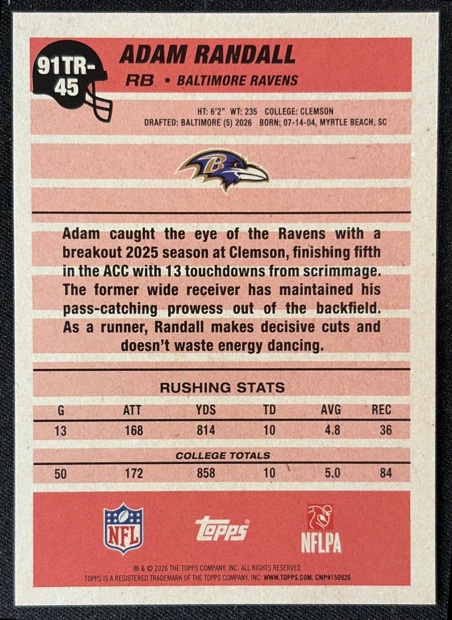 Adam Randall 2026 Topps 1991 Rookie Ravens back
