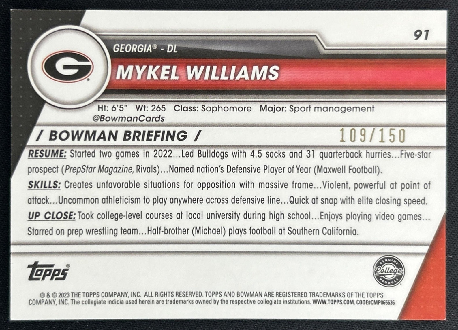 Mykel Williams 2023 University Chrome Fuschia Mini Diamond Refractor /150 Bulldogs