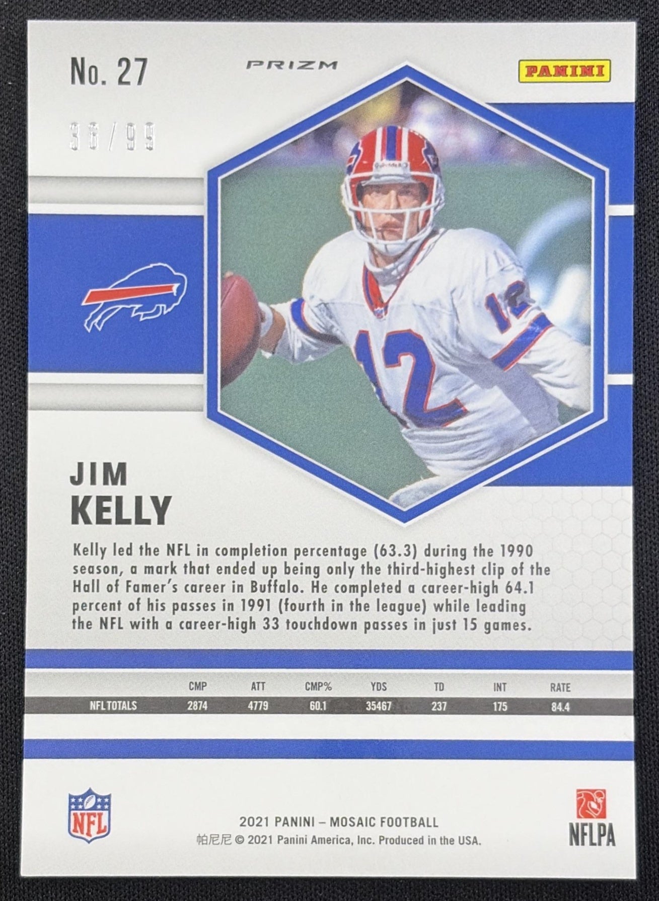 Jim Kelly 2021 Panini Mosaic Prizm Blue /99 Bills