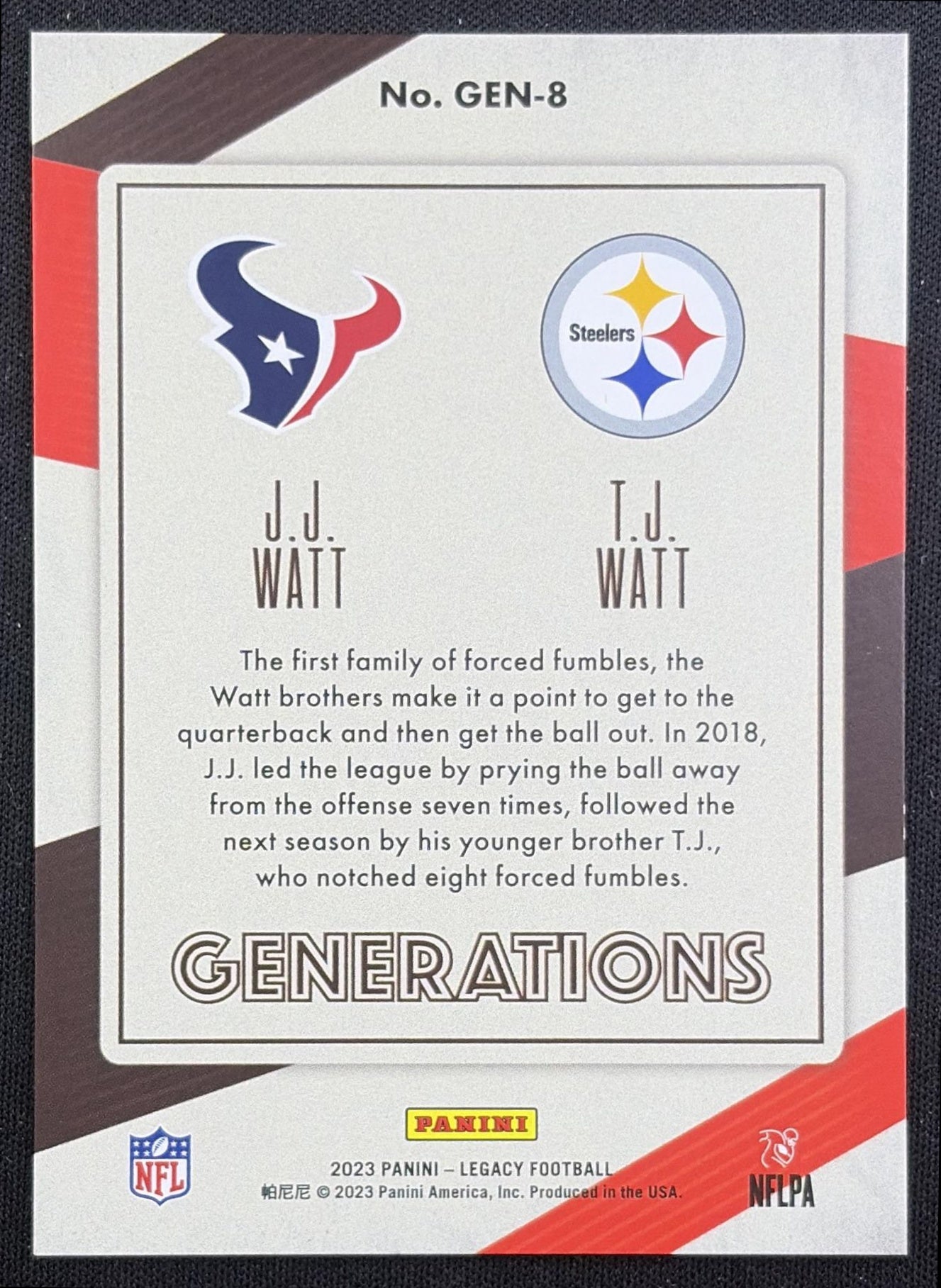 J.J. Watt T.J. 2023 Panini Legacy Generations Orange /249 Steelers Texans Houston Texans Pittsburgh Steelers back