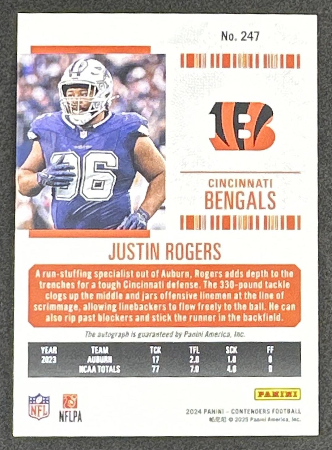 Justin Rogers 2024 Panini Contenders Rookie Ticket Auto Playoff /149 Bengals