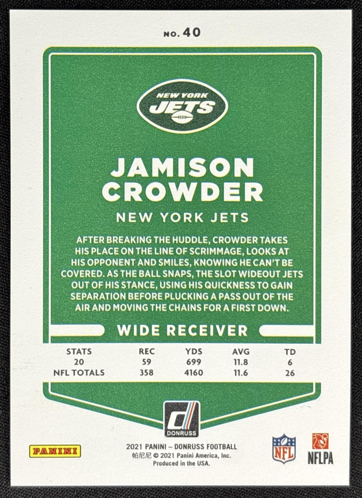 Jamison Crowder 2021 Panini Donruss Press Proof Premium Jets