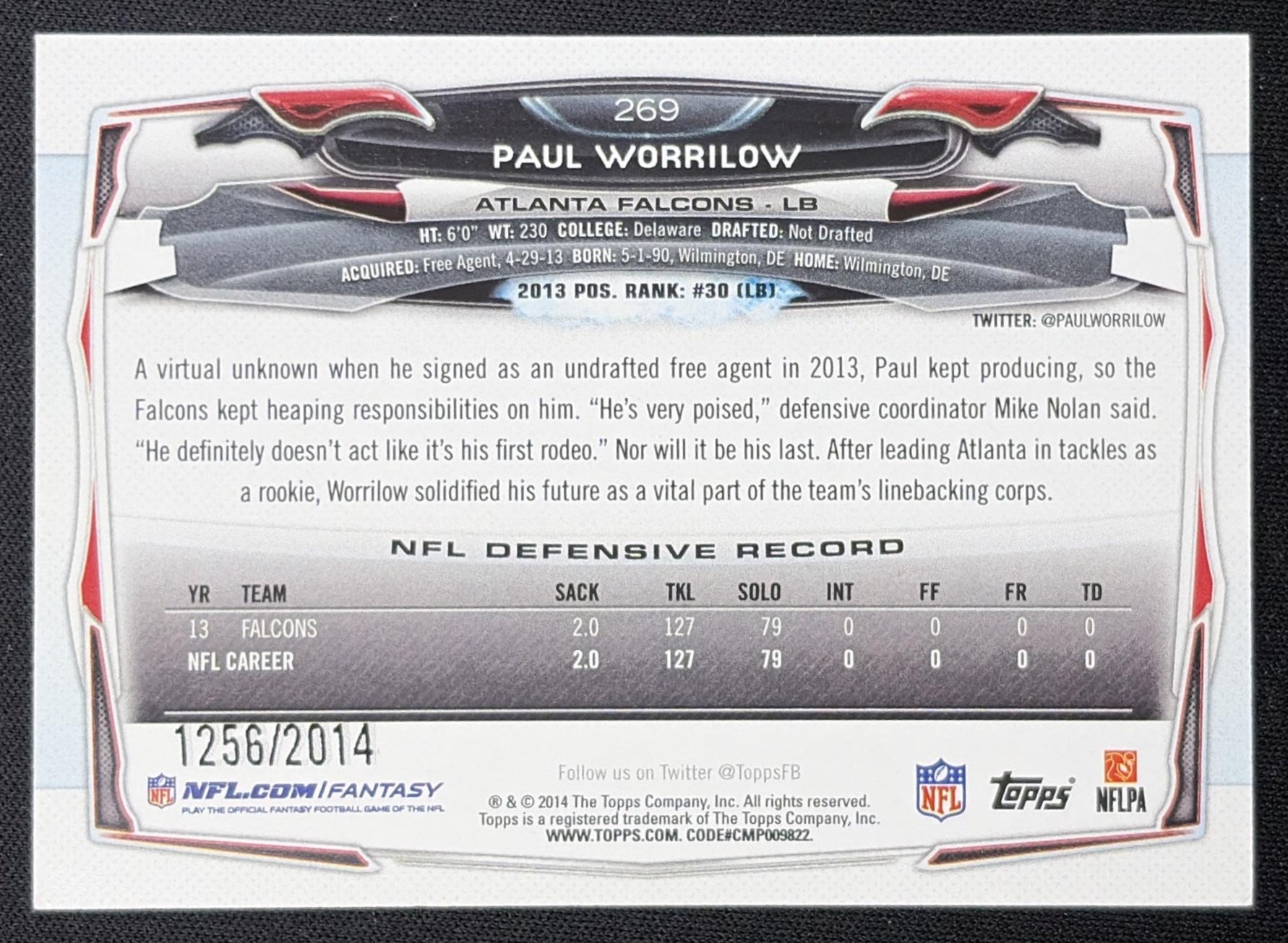 Paul Worrilow 2014 Topps Gold /2014 Falcons Atlanta Falcons