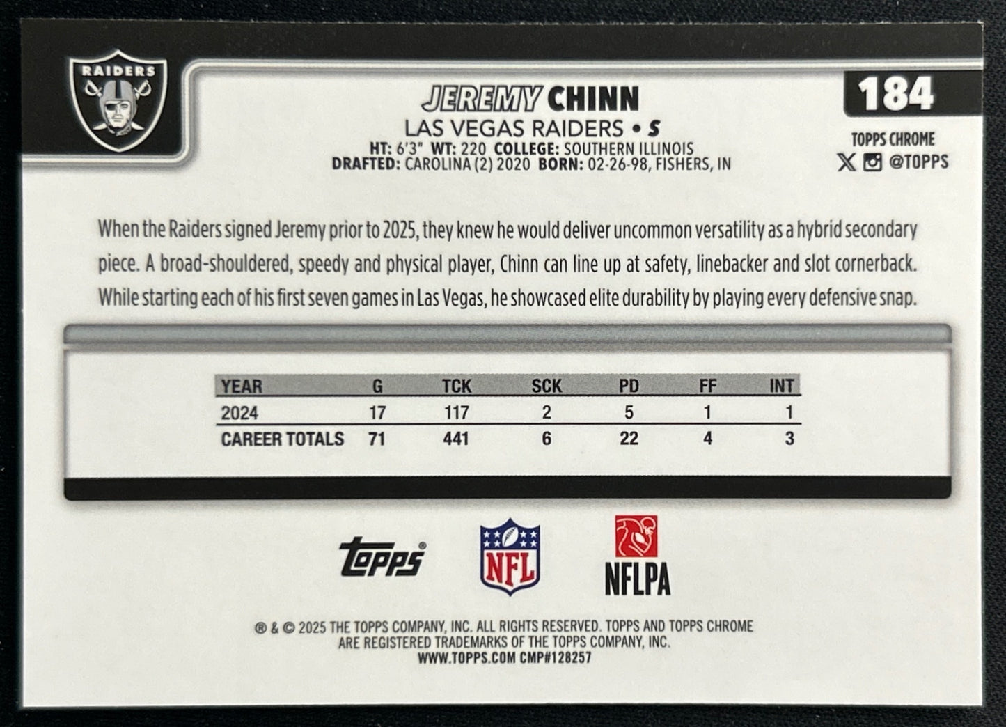Jeremy Chinn 2025 Topps Chrome Raiders Sports Trading Cards