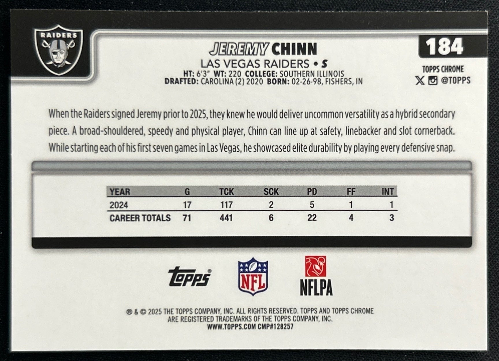 Jeremy Chinn 2025 Topps Chrome Raiders Sports Trading Cards