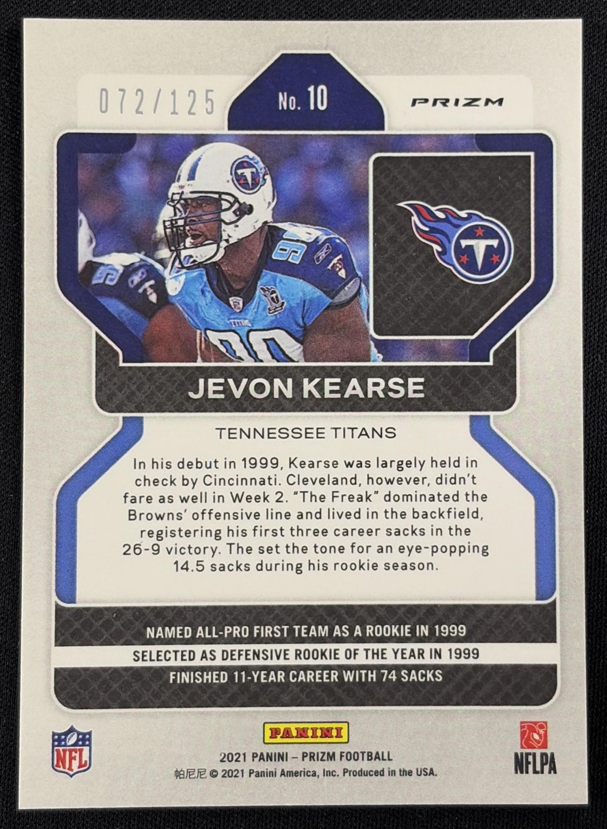 Back of Jevon Kearse 2021 Panini Prizm Purple /125 Titans sports trading card