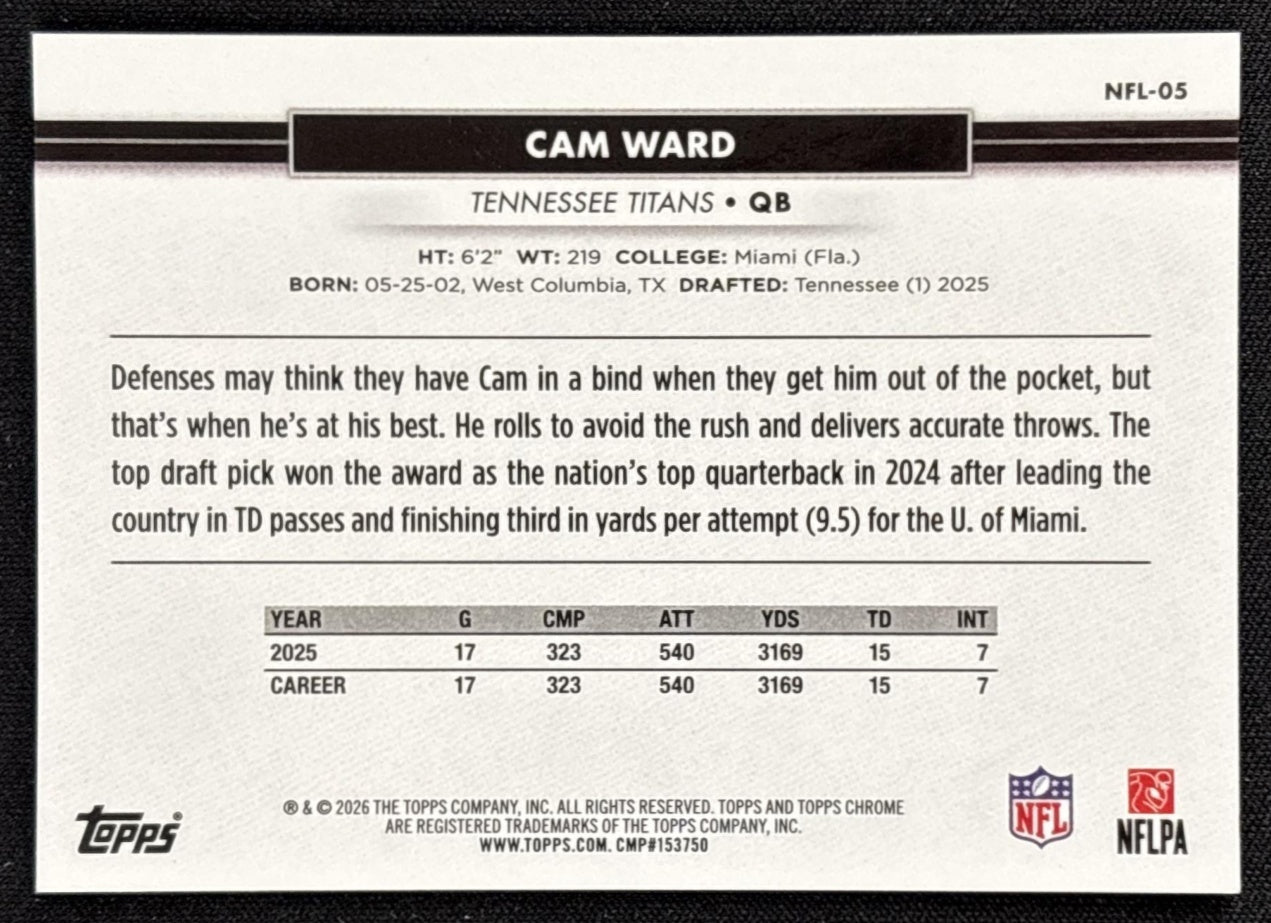 Cam Ward 2026 Topps NSCC Collection NFL Gold Refractor /50 Titans Sports Trading Cards