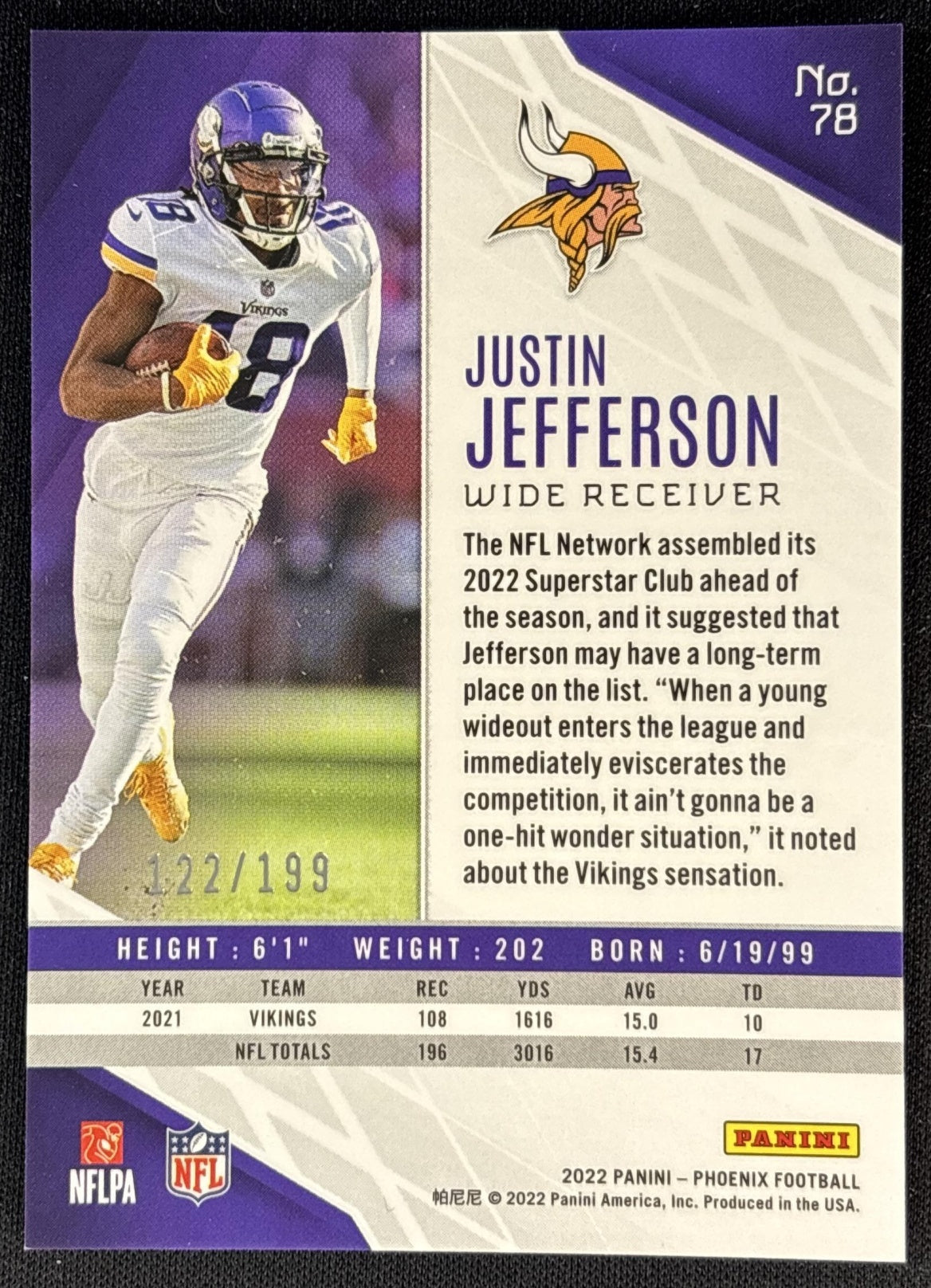 Justin Jefferson 2022 Panini Phoenix Pink /199 Vikings Sports Trading Card