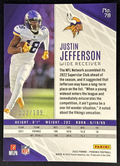 Justin Jefferson 2022 Panini Phoenix Pink /199 Vikings Sports Trading Card