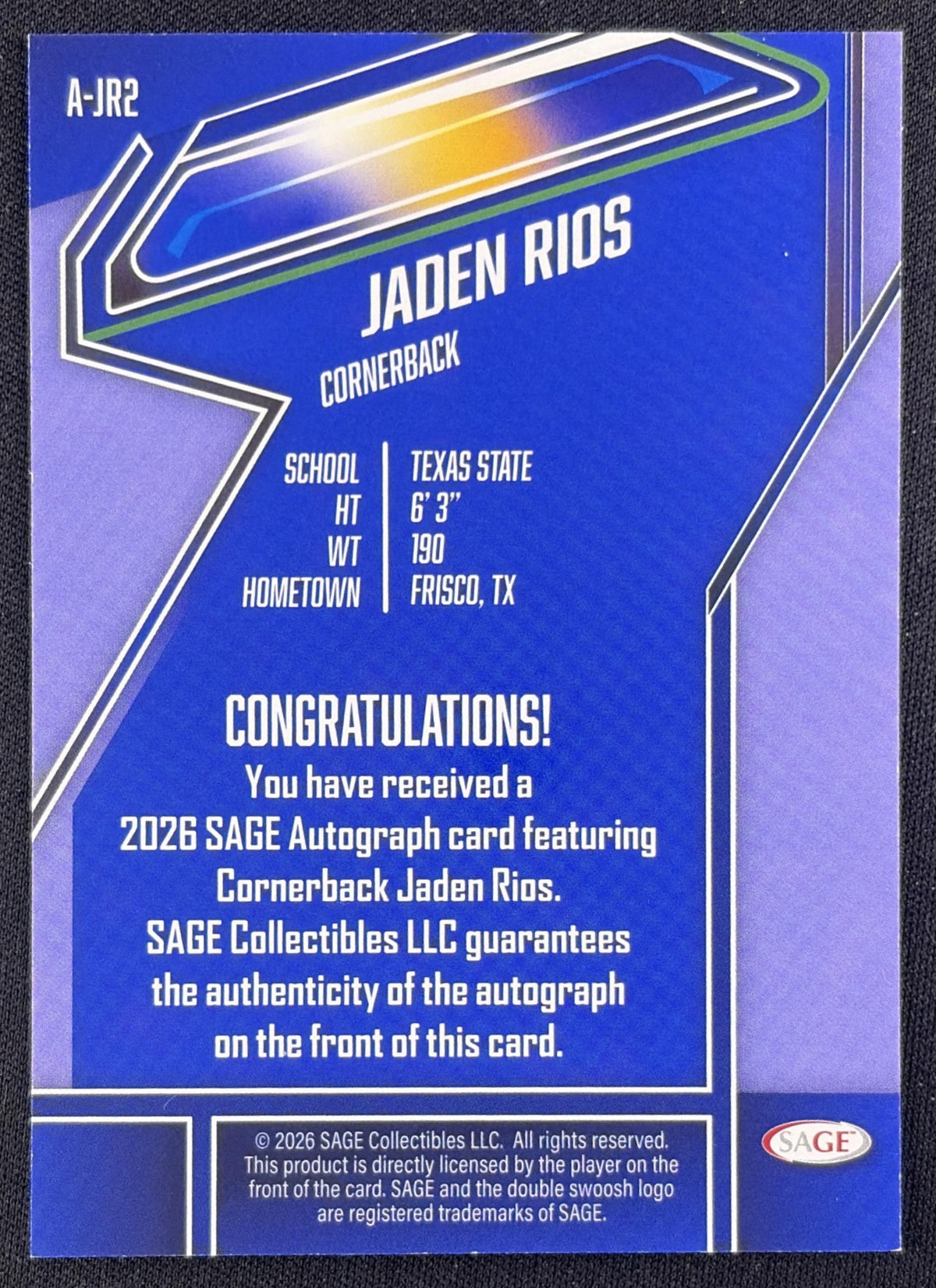 Jaden Rios 2026 SAGE Auto