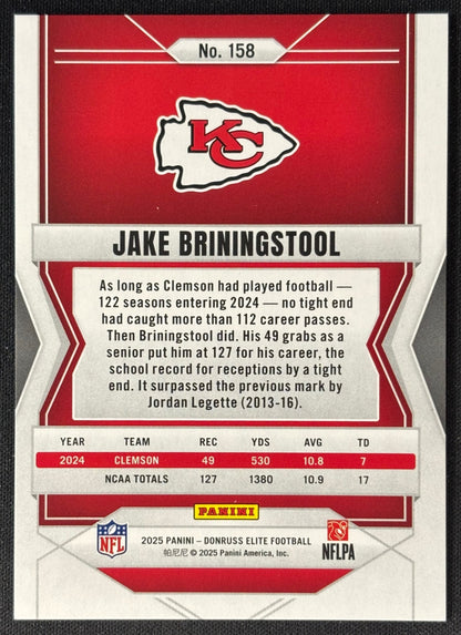 Back of Jake Briningstool 2025 Donruss Elite Rookies Razzle Dazzle Chiefs sports trading card