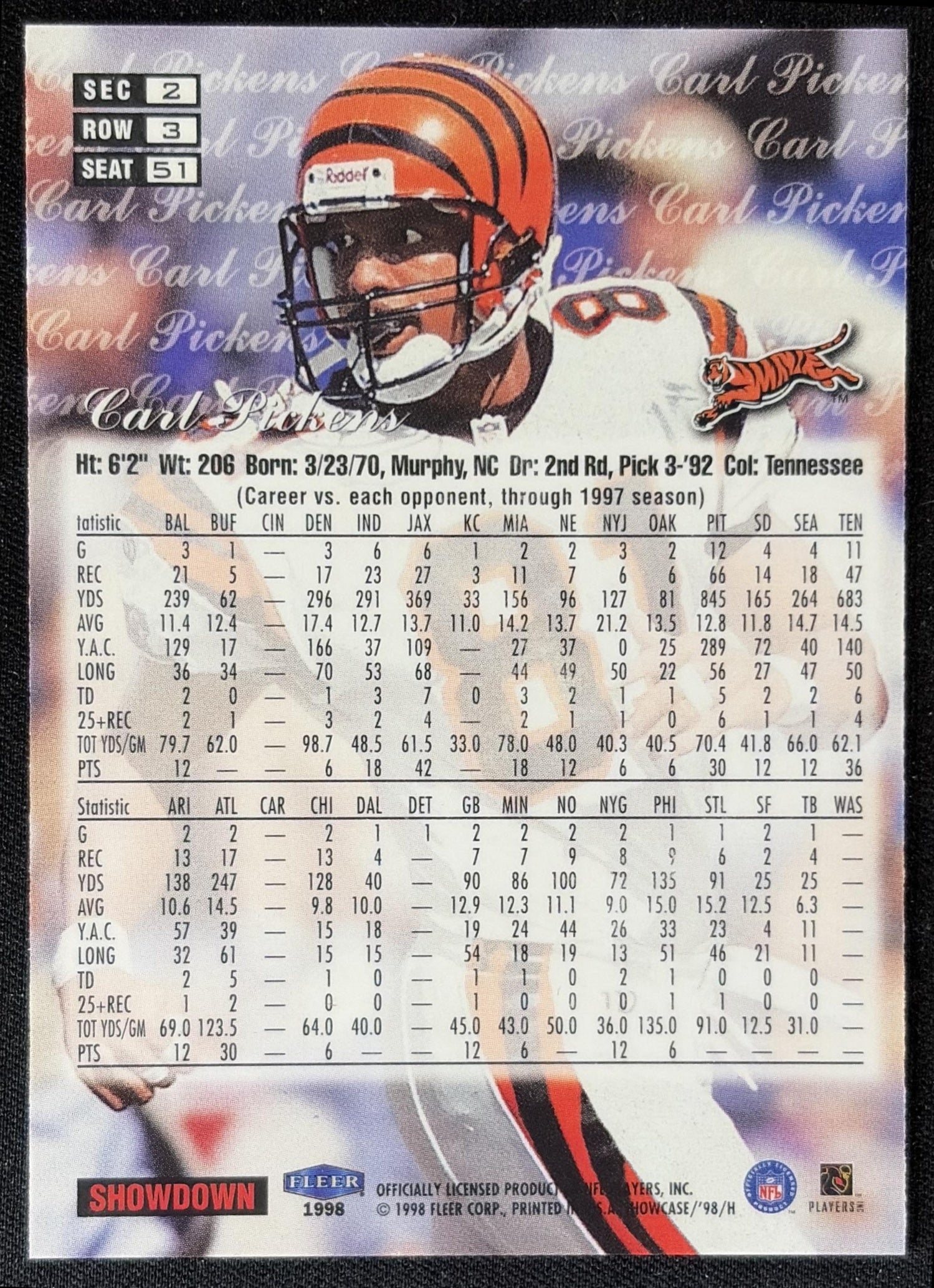 Carl Pickens 1998 Fleer Flair Showcase Row 3 Bengals