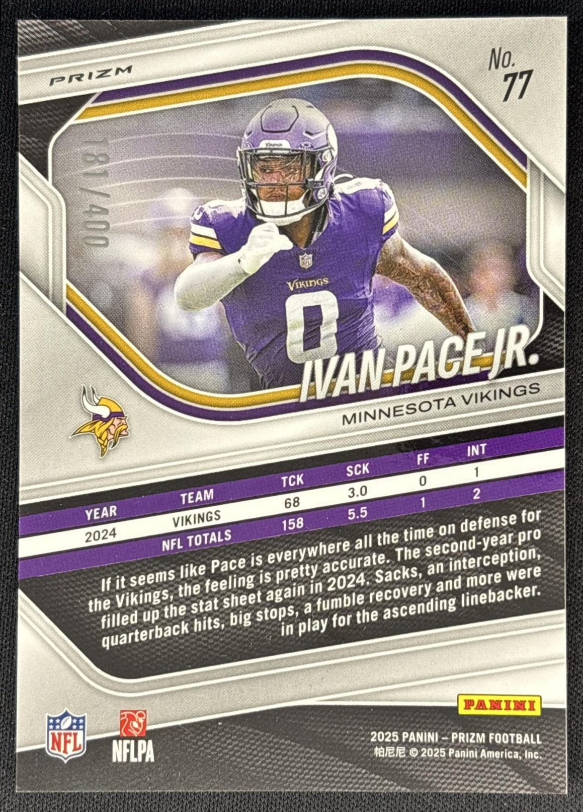 Ivan Pace Jr. 2025 Panini Prizm Pandora /400 Vikings back