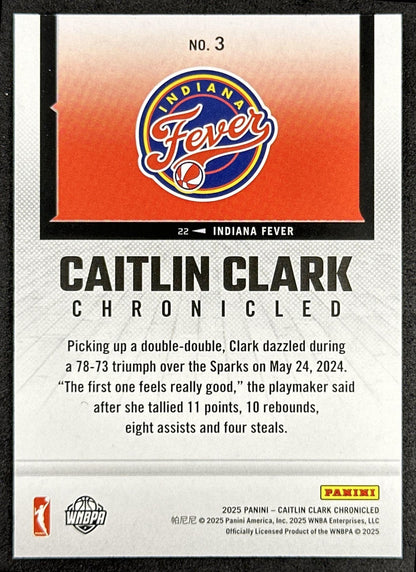 Caitlin Clark 2025 Panini Chronicled WNBA Holo Fever 3 Indiana Fever