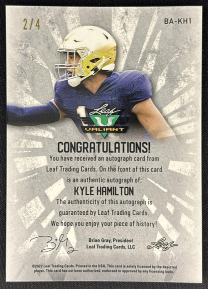 Kyle Hamilton 2022 Leaf Valiant Auto /4 Ravens back