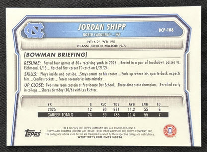 Jordan Shipp 2026 Bowman Chrome Prospects Mojo Refractor Tar Heels