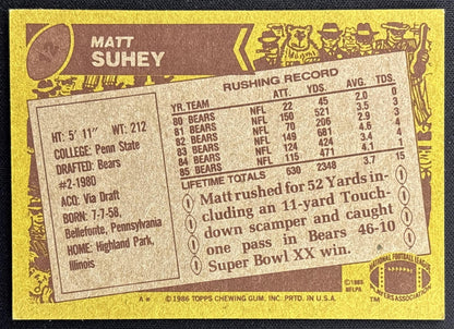 Matt Suhey 1986 Topps Bears back