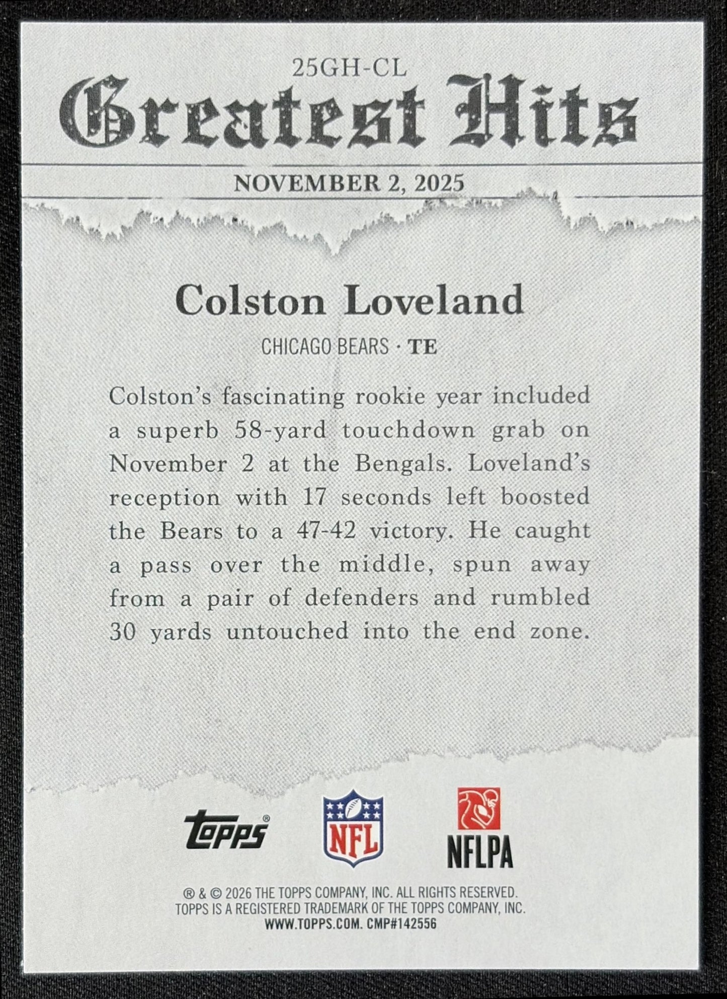 Colston Loveland 2026 Topps 2025 Greatest Hits Bears back
